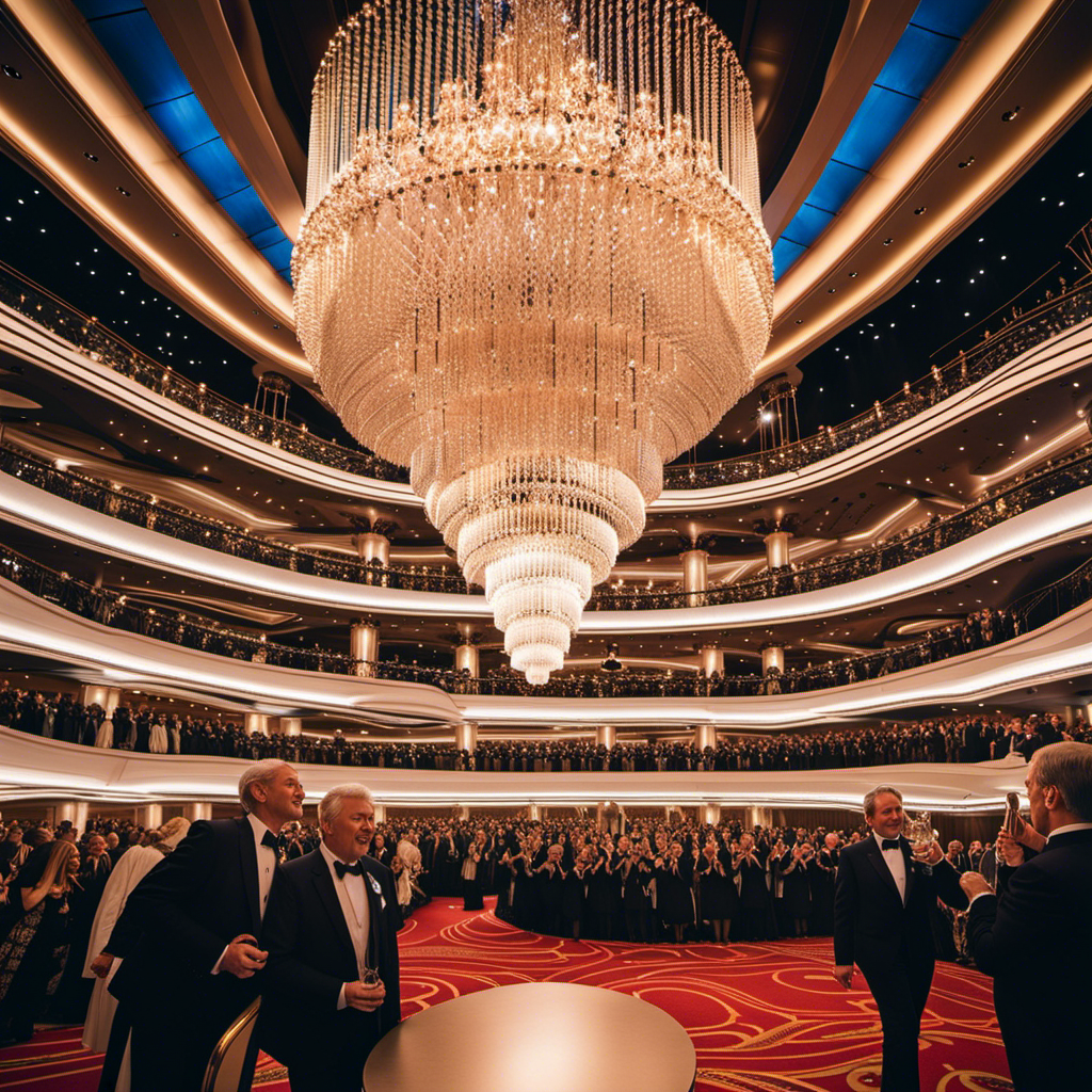 An image capturing the opulence of the MSC World Europa Naming Ceremony: a grand ballroom adorned with sparkling chandeliers, elegant guests in designer attire sipping champagne, and a magnificent stage unveiling the world's most luxurious cruise ship