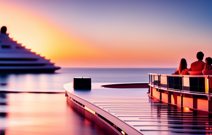 An image showcasing a serene sunset view from the MSC Seaside cruise ship, with vibrant orange and pink hues reflecting on the rippling ocean surface, complemented by the ship's elegant silhouette and the silhouettes of passengers enjoying the deck's amenities