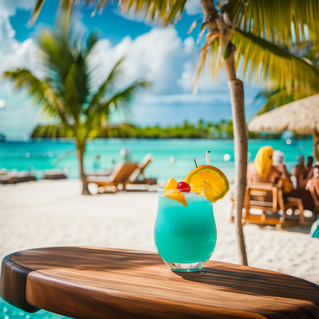 An image showcasing a vibrant tropical scene on a Norwegian cruise ship, adorned with a colorful array of exotic cocktails