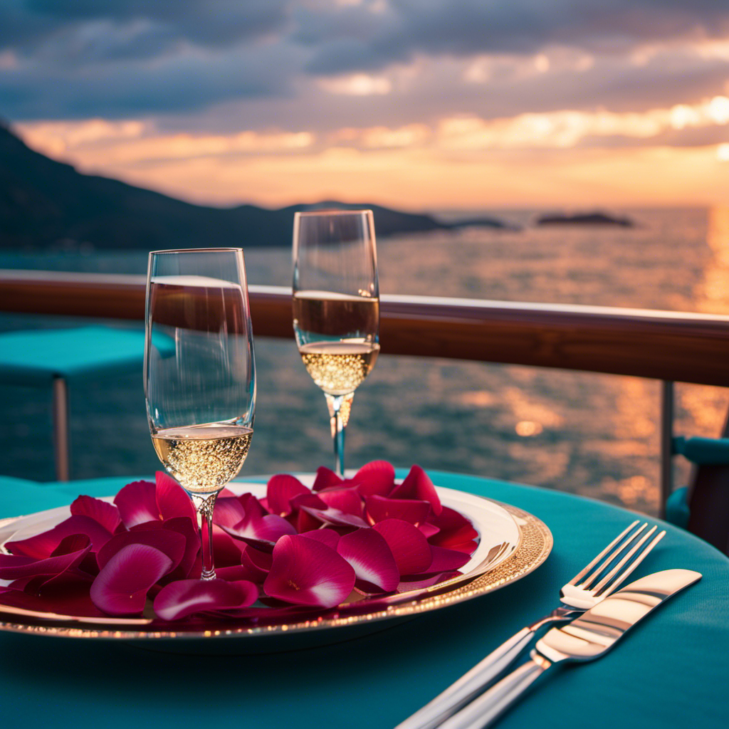 An image of a candlelit table on a luxurious cruise ship's deck, adorned with rose petals and fine dining ware