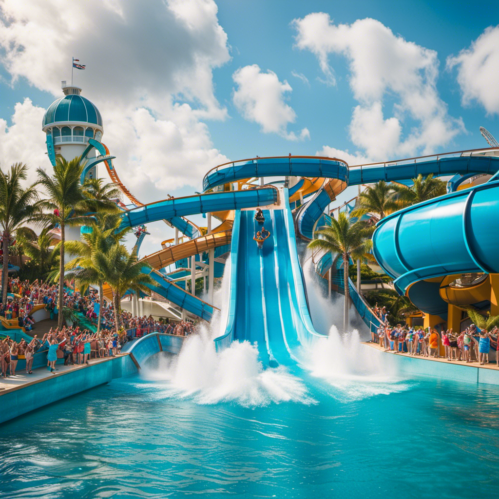 An image that captures the electrifying energy of "Icon of the Seas' Thrill Island!" Show a towering water slide twisting above a wave pool, surrounded by gleeful riders plunging into the excitement
