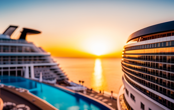 An image showcasing the sheer luxury of MSC Divina and MSC Meraviglia cruise ships - towering decks kissed by golden sunsets, sparkling pools, and elegant lounges - inviting readers to discover unbeatable cruise deals