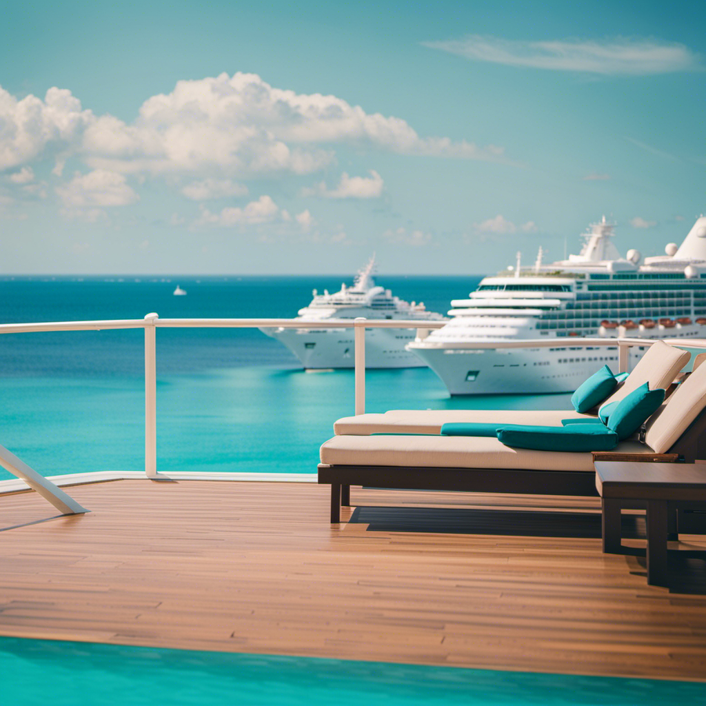 An image showcasing a sun-kissed deck with luxurious loungers, surrounded by crystal-clear turquoise waters