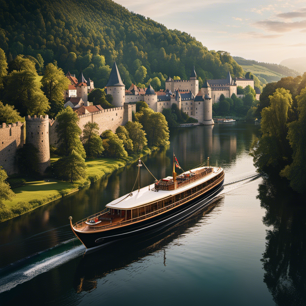 the essence of Europe's captivating rivers with an enchanting image of Viking Odin gliding gracefully along the peaceful waters, showcasing the ship's elegant design, pristine decks, and panoramic views of stunning medieval castles and vibrant riverside towns