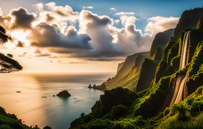 An image capturing the ethereal beauty of Madeira: a breathtaking viewpoint overlooking lush green valleys, majestic mountains, and the glistening Atlantic Ocean, with quaint cultural sites and cascading waterfalls nestled in the background