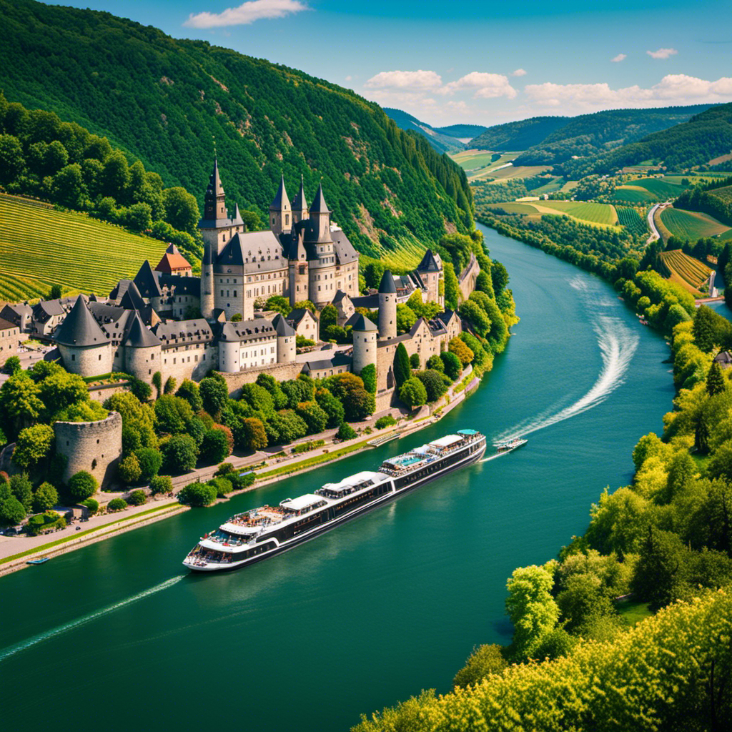 An image capturing the enchanting allure of Rhine River cruises: A luxurious riverboat gliding through picturesque castles, vineyards, and charming riverside villages, surrounded by lush greenery and the majestic Rhine valley