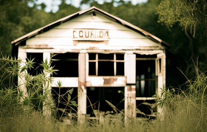 An image capturing the eerie tranquility of Florida's long-abandoned ghost towns, enveloped in lush overgrown vegetation