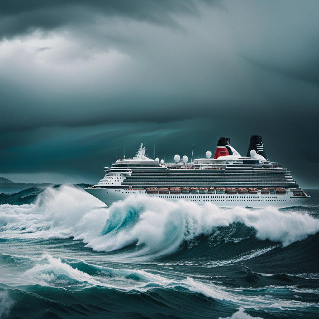An image that captures the turbulence of a stormy sea, with a massive cruise ship battling against towering waves, showcasing the unexpected challenges of cruise ship travel