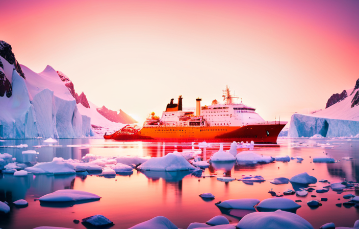 image of an icebreaker ship cruising through the vast, pristine waters of Antarctica, surrounded by towering glaciers and snow-capped mountains