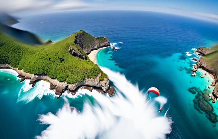 the essence of the Mexican Riviera's unforgettable adventures: An aerial view of turquoise waters crashing against towering cliffs, with a vibrant parasail gliding above and a speedboat maneuvering through the waves