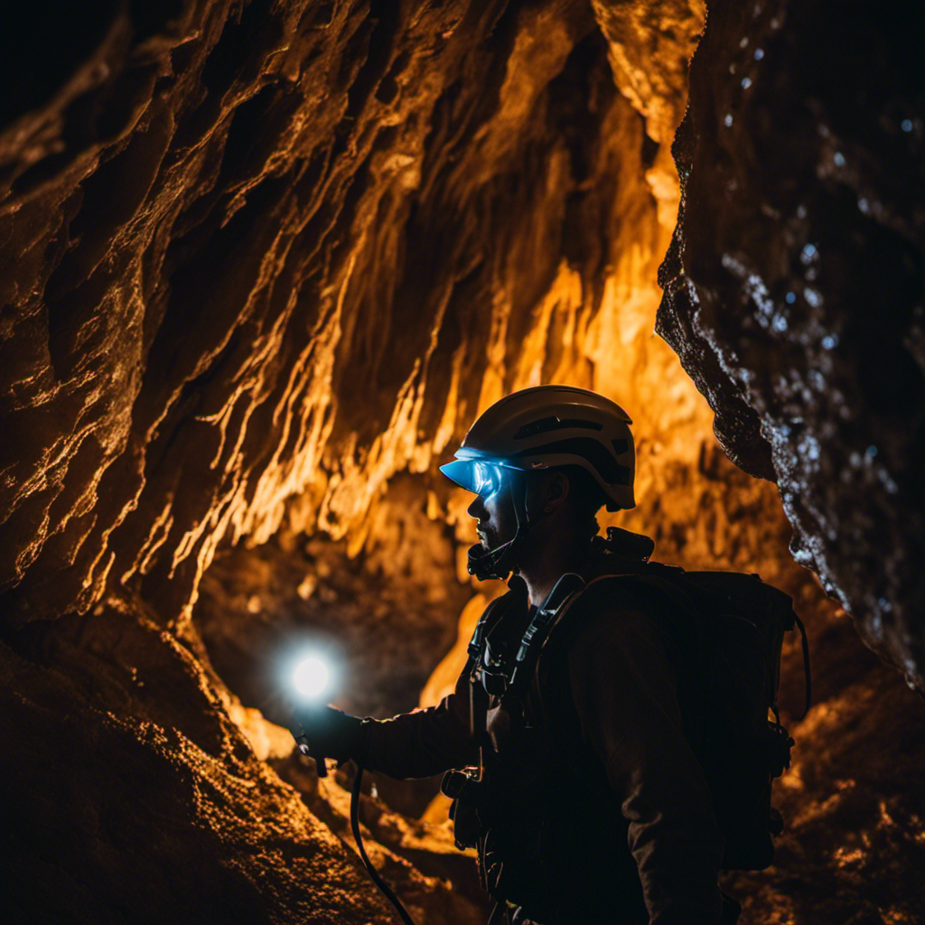 An image capturing the thrill of spelunking through the breathtaking Angeles Cave: a daring adventurer, helmet-clad, traversing the ethereal underground landscape adorned with stunning stalactites and illuminating his path with a headlamp