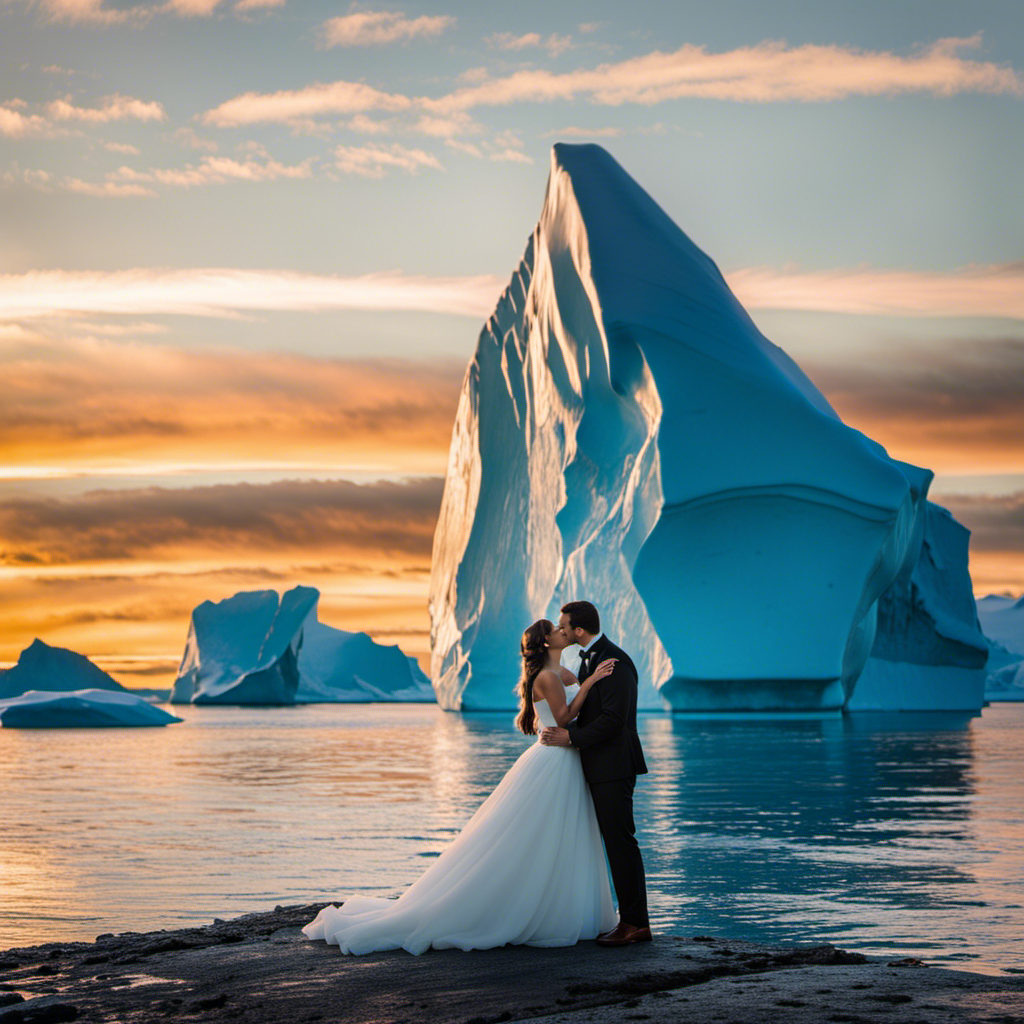 An image showcasing a breathtaking iceberg backdrop, as a newlywed couple kisses under a radiant sunset sky aboard an Atlas Ocean Voyages ship, marking an unforgettable Antarctic wedding
