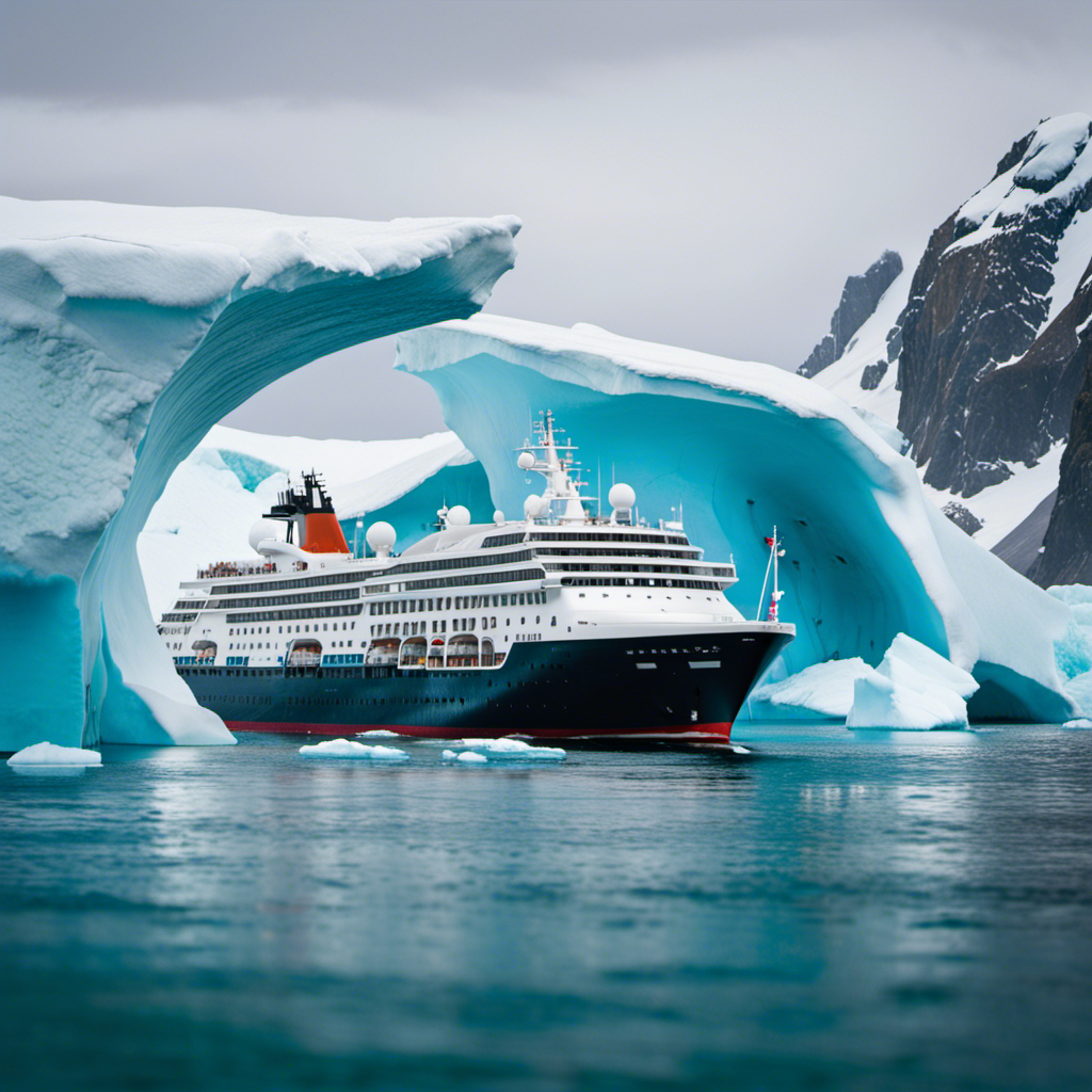 An image that captures the essence of Antarctica's untouched beauty: a luxurious cruise vessel gliding through glistening turquoise waters, surrounded by towering icebergs, playful penguins, and majestic humpback whales breaching the surface