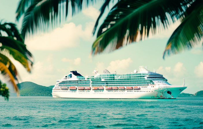 the essence of a Caribbean cruise with a vibrant image of a luxurious Norwegian Cruise Line ship sailing through crystal-clear turquoise waters, surrounded by lush tropical islands and palm-fringed beaches