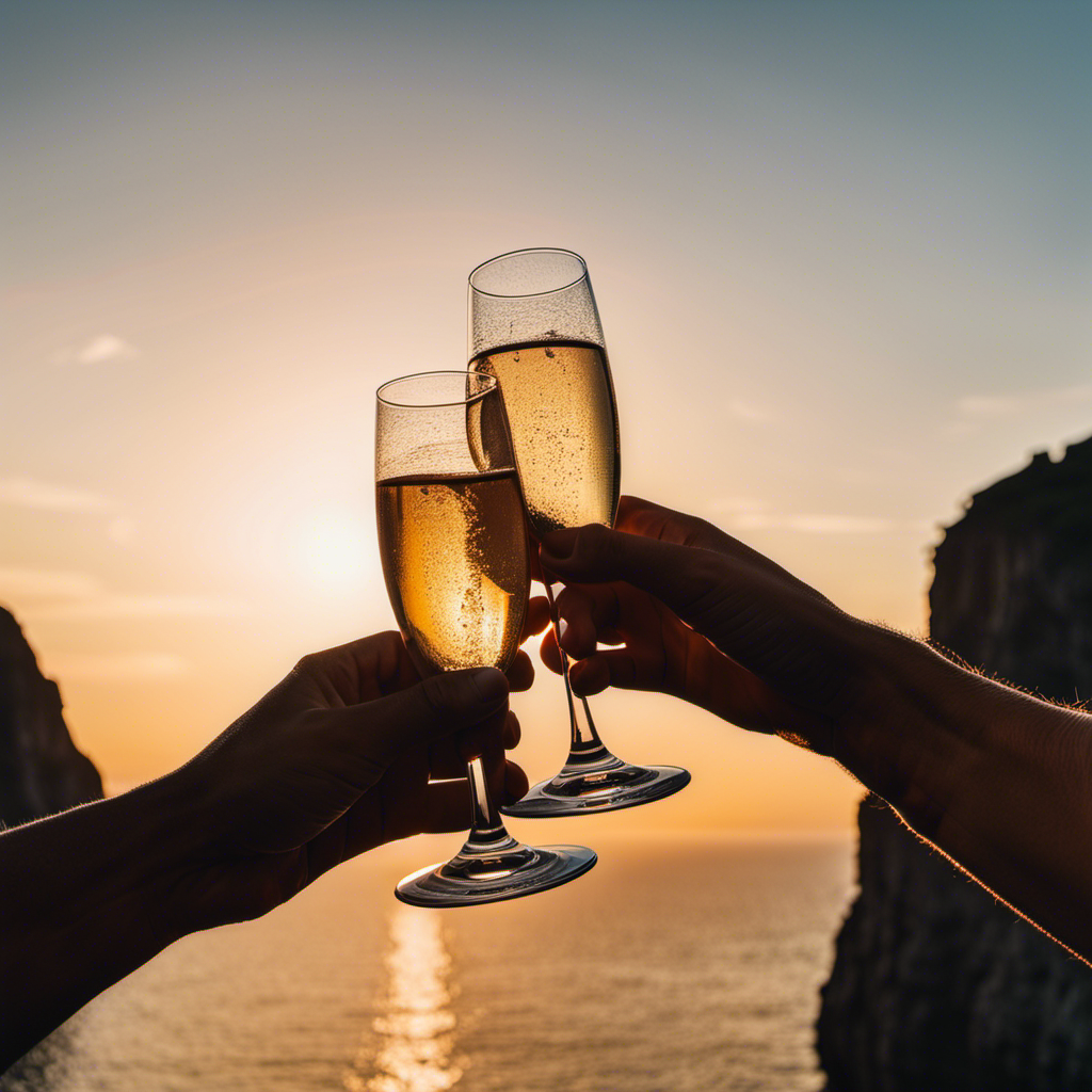 a stunning sunset at sea, casting a warm, golden glow over a group of diverse travelers, laughing and toasting champagne glasses, their silhouettes framed against a backdrop of awe-inspiring cliffs and cascading waterfalls