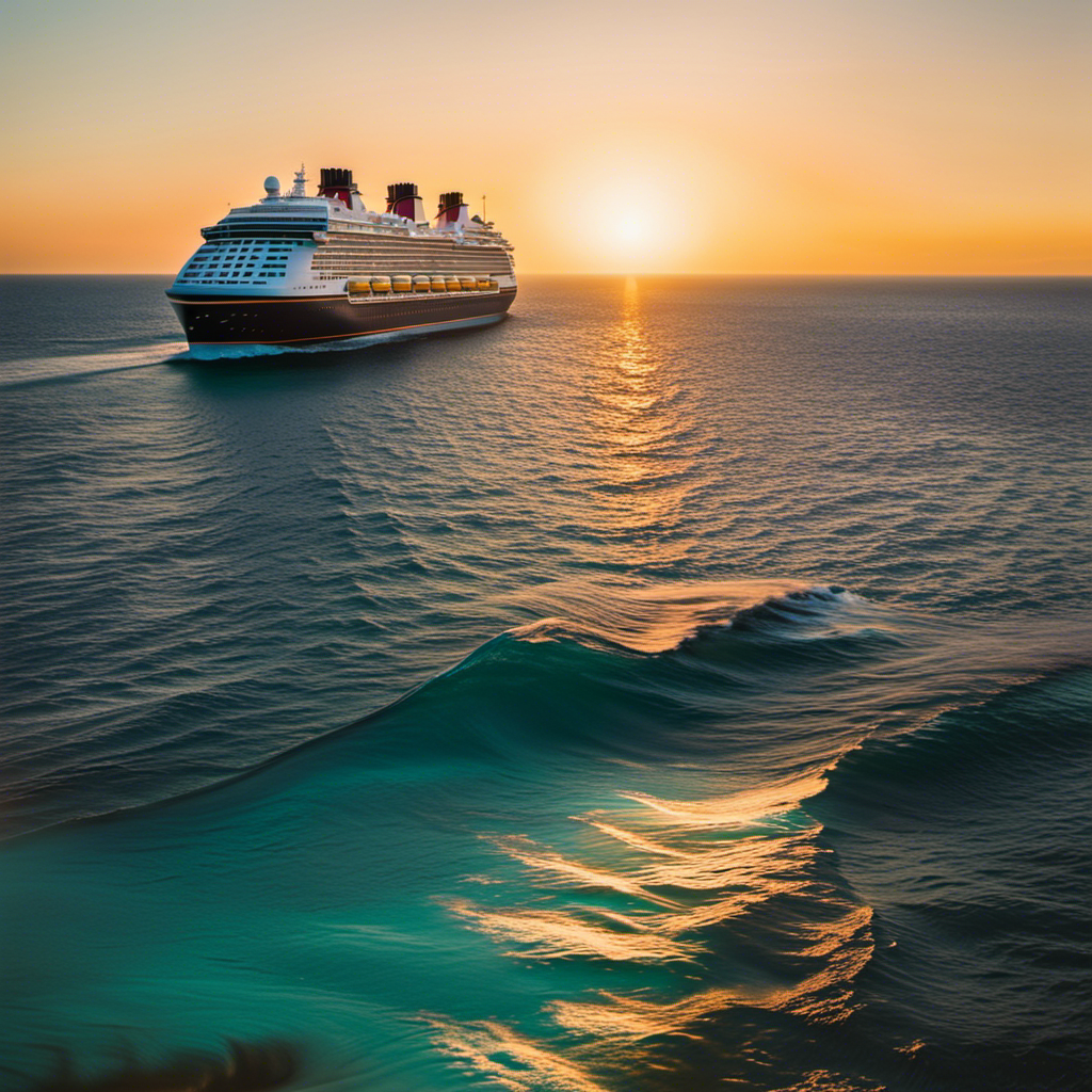 a vibrant sunset casting a golden glow over a sparkling turquoise ocean, as families joyfully embark on a Disney cruise ship
