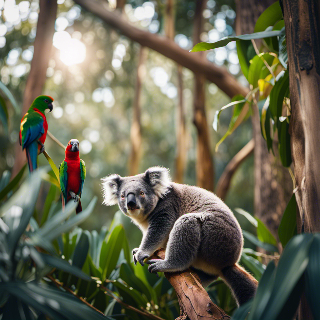 An image of a tranquil rainforest setting with a curious koala perched on a eucalyptus tree, a playful kangaroo hopping in the distance, and a vibrant parrot perched on a branch, showcasing Australia's captivating wildlife