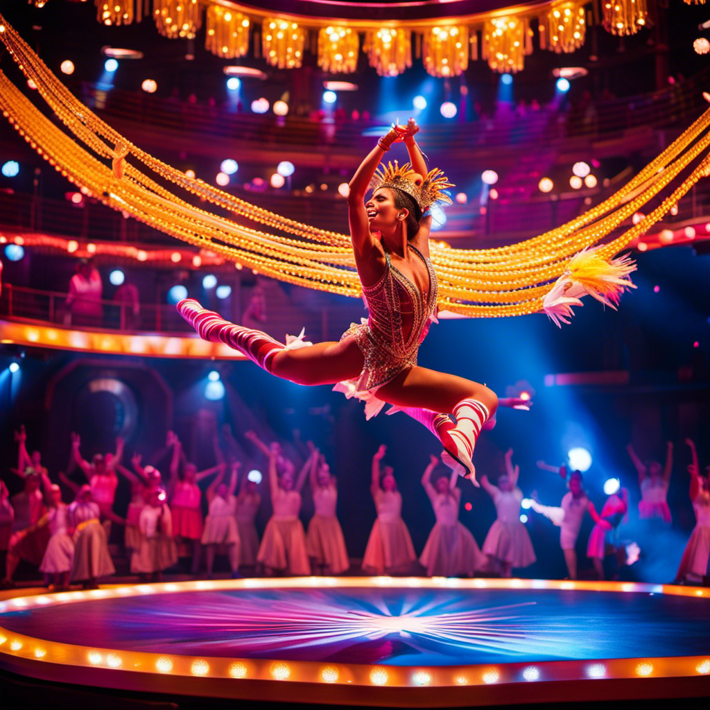 An image capturing the vibrant energy of Carnival Horizon's new productions: a dazzling array of acrobats suspended mid-air, captivating dancers in flamboyant costumes, and a stage adorned with captivating lights and mesmerizing set designs