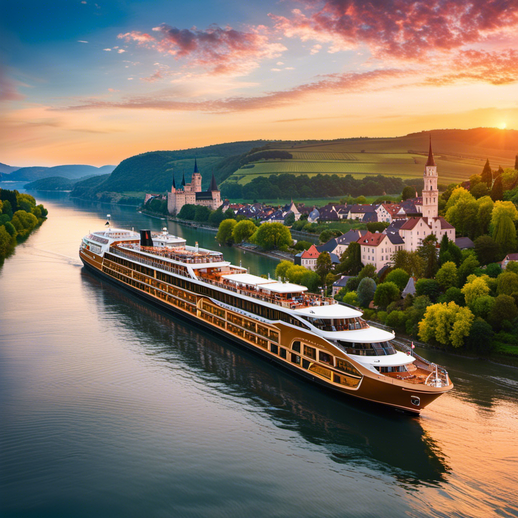 An image capturing the enchantment of Adventures by Disney's European River Cruises: a luxurious ship gliding along the Rhine River, surrounded by picturesque vineyards, ancient castles perched on cliffs, and a breathtaking sunset painting the sky in vibrant hues