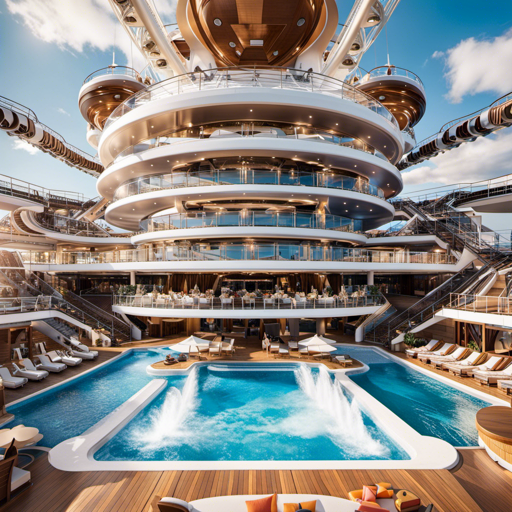 An image capturing the essence of unforgettable experiences aboard MSC Seaside: A sun-kissed deck adorned with elegant loungers, a mouthwatering assortment of gourmet cuisine, and exhilarating adventures like zip-lining and water slides