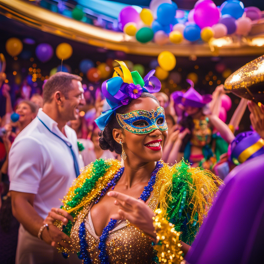 the exuberant spirit of Mardi Gras aboard a vibrant cruise ship adorned with colorful streamers and confetti