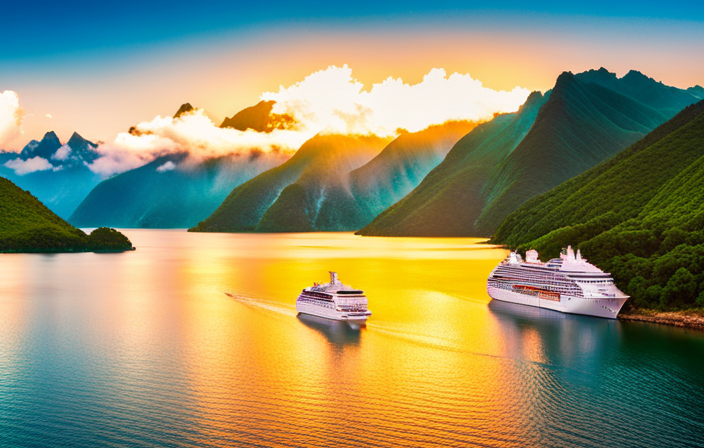 the breathtaking beauty of Oceania Cruises' Epic Voyage in Oceania, showcasing vibrant coral reefs teeming with exotic marine life, towering lush green mountains, and crystal-clear turquoise waters reflecting the golden hues of a mesmerizing sunset