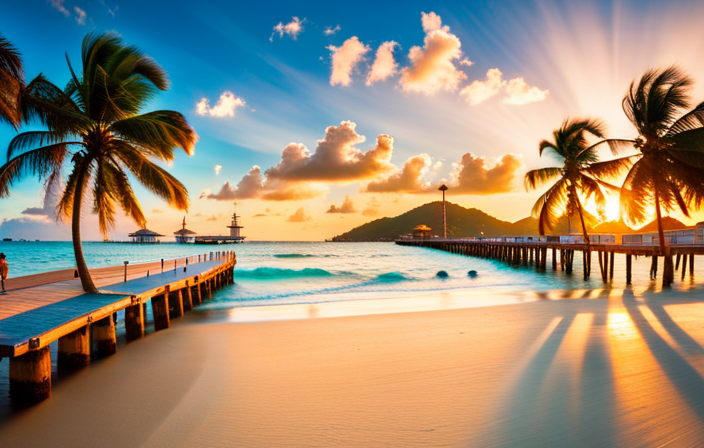 the vibrant essence of Tortola Pier Park: A sun-kissed paradise adorned with palm trees, turquoise waters caressing a pristine white-sand beach, and a bustling pier lined with colorful shops and lively entertainment