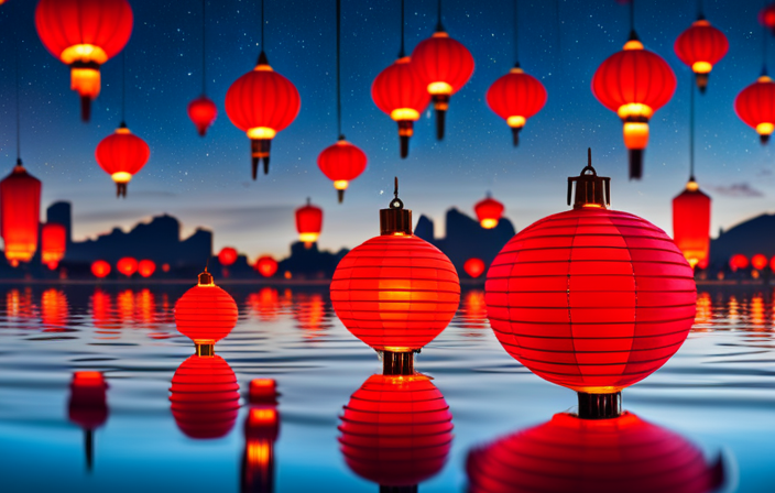 An image showcasing the vibrant reds and golds of a traditional Chinese lantern festival, with intricately designed lanterns illuminating the night sky, reflecting off the peaceful waters of a nearby river