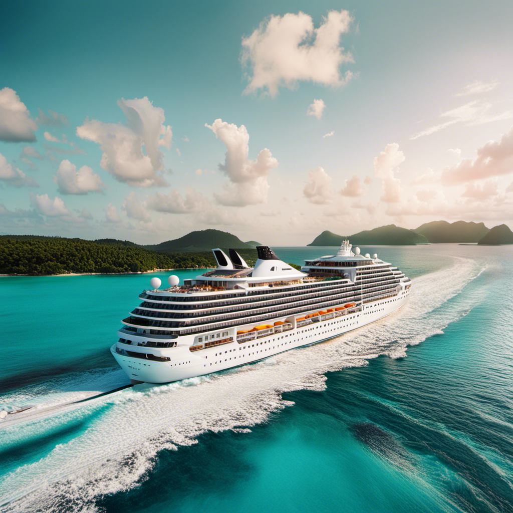 An image showcasing a luxurious cruise ship sailing through crystal clear turquoise waters, with a backdrop of breathtaking sunsets, vibrant tropical islands, and happy passengers enjoying exclusive onboard amenities and entertainment