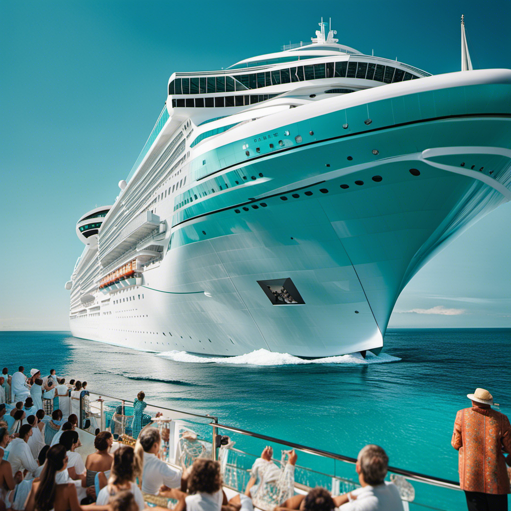An image capturing the opulence of Crystal Cruises: a magnificent, sun-kissed ocean liner gliding through turquoise waters, adorned with gleaming glass balconies, as guests revel in the bliss of endless indulgence and breathtaking destinations