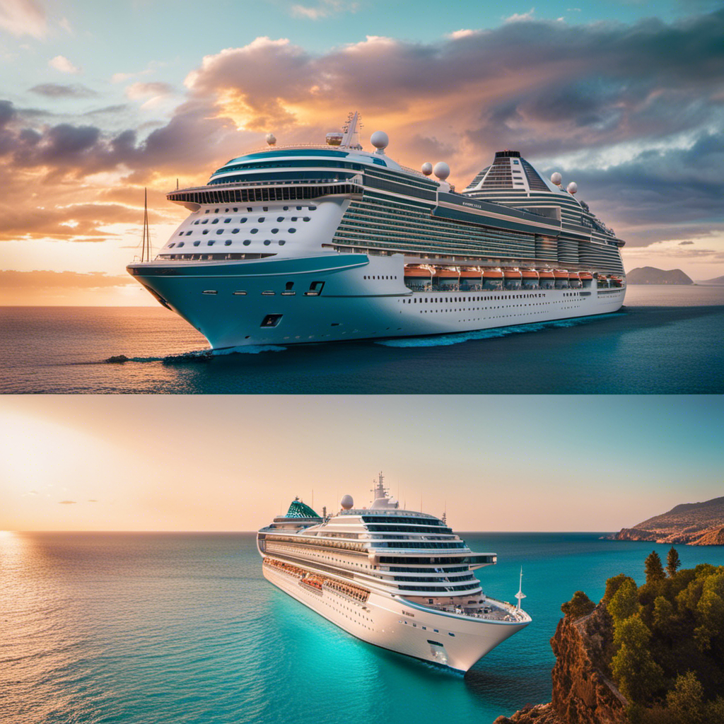 the essence of the Mediterranean as a vibrant sunset illuminates a luxurious Princess Cruises ship gliding through crystal-clear turquoise waters, with picturesque coastal towns and ancient ruins lining the horizon