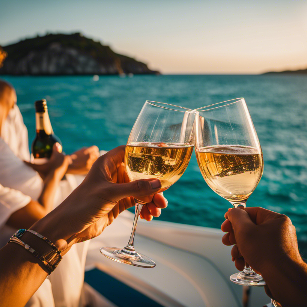 E the essence of an enchanting charter cruise: a radiant sunset casting a golden hue over a luxurious yacht, as silhouettes of friends and family embrace, toasting to unforgettable moments amidst calm turquoise waters