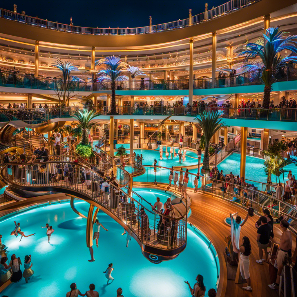 An image capturing the enchantment of Oasis of the Seas: vibrant acrobats suspended mid-air, mesmerizing dancers in elaborate costumes, and exhilarated guests zip-lining over the ship's turquoise pools