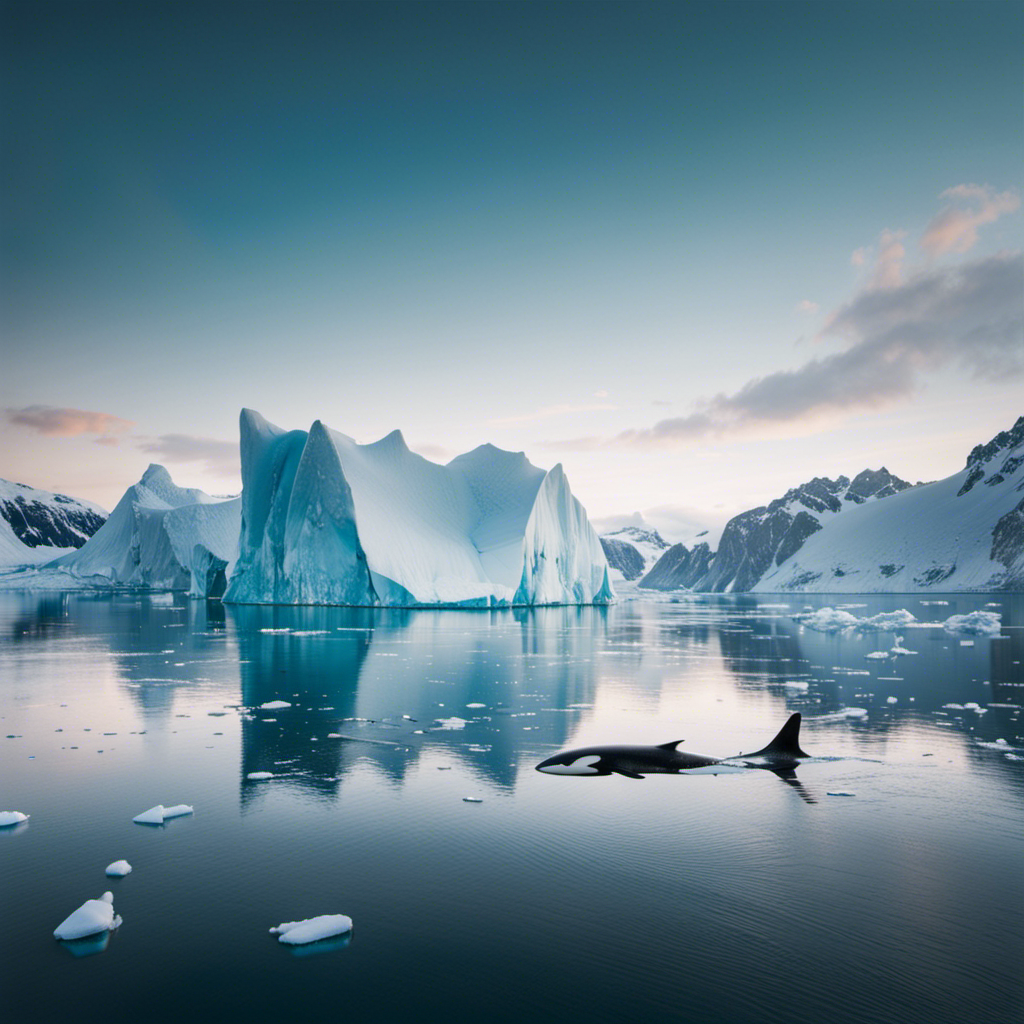 the ethereal beauty of a frozen landscape as majestic glaciers tower over a tranquil Arctic fjord, while a pod of graceful orcas glides beneath the shimmering ice, promising unforgettable polar adventures