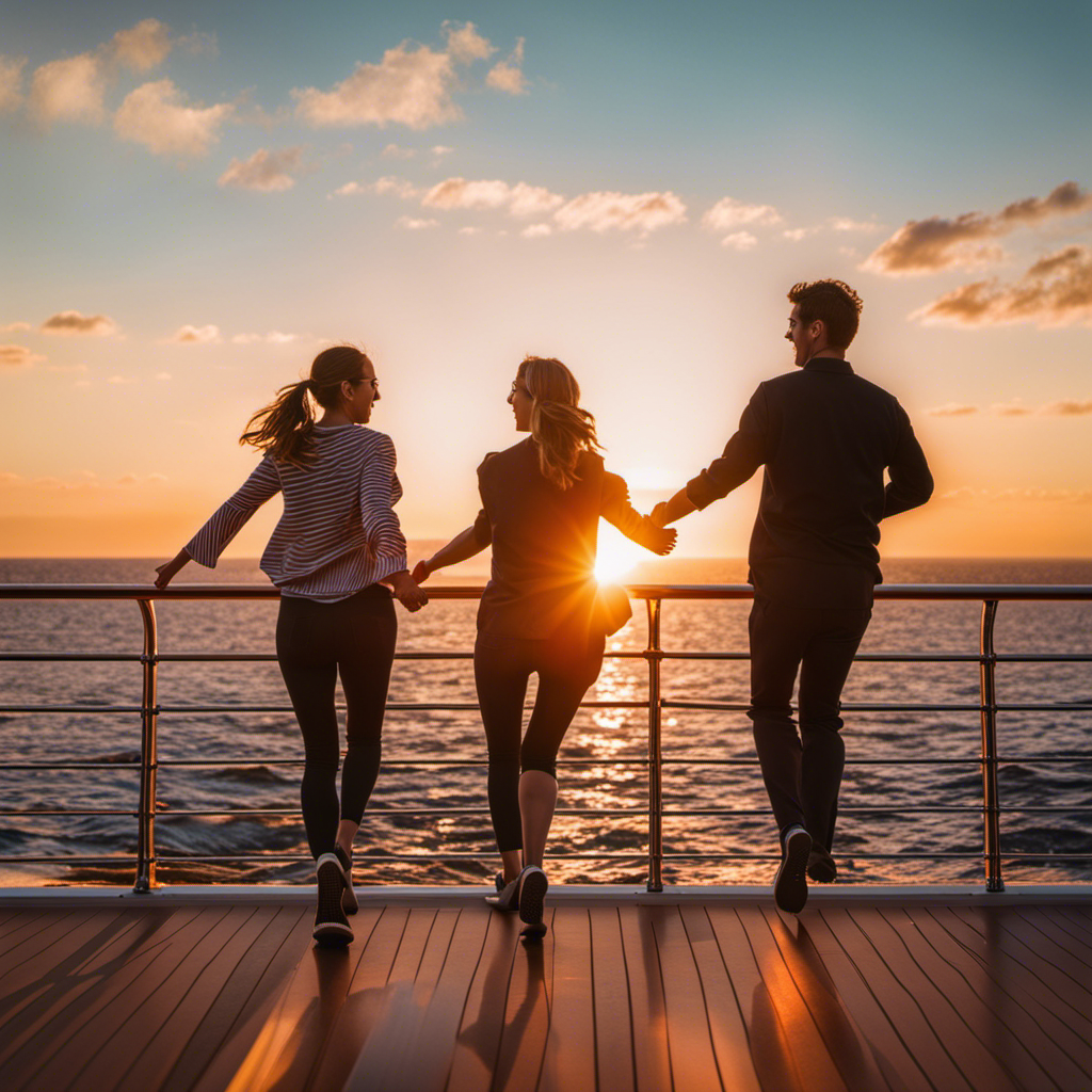 the joy of Best Friends Day aboard Azamara ships: two friends, arms outstretched, running towards each other on the ship's deck, surrounded by vibrant sunset hues and sparkling ocean waves