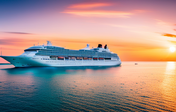 An image showcasing the Crystal Symphony cruise ship gracefully sailing through tranquil turquoise waters, surrounded by lush tropical islands, vibrant coral reefs, and a breathtaking sunset casting a golden glow on the horizon