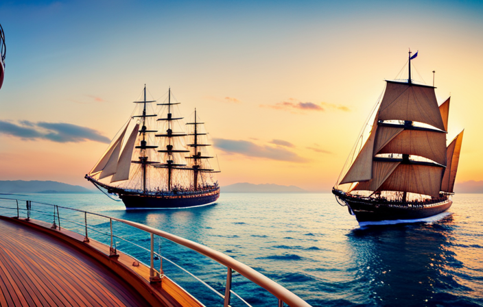 An image capturing the essence of Windjammer Cruises: A majestic, historic ship sailing amidst sparkling blue waters, surrounded by breathtaking coastal landscapes, as guests indulge in delectable gourmet dishes on deck