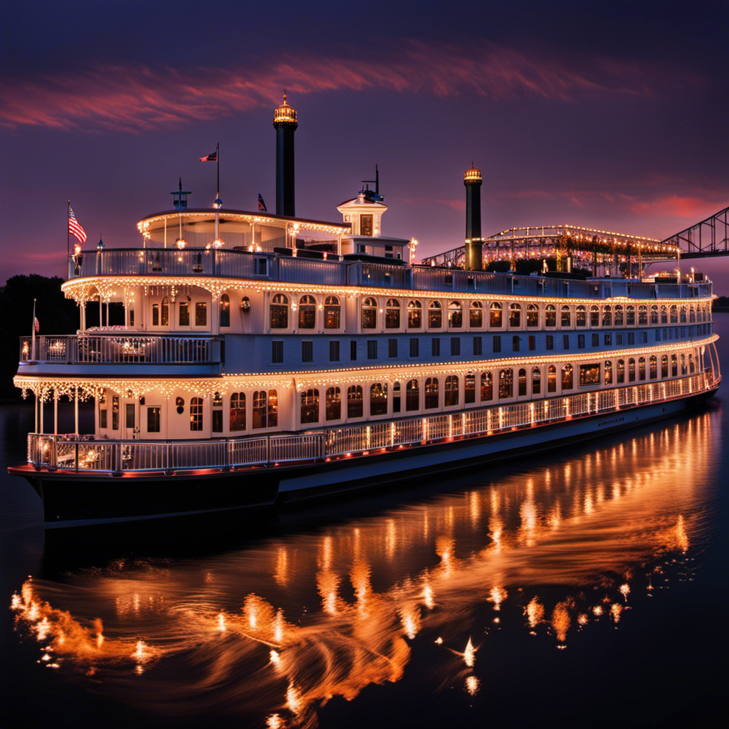 An image capturing the vibrant Mississippi River scenery, showcasing American Queen Voyages' elegant riverboat adorned with twinkling lights, while delectable aromas waft from the on-deck kitchen, where chefs passionately experiment with unique culinary creations