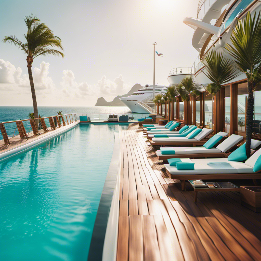 An image showcasing a vibrant outdoor deck on an MSC cruise ship, adorned with luxurious infinity pools, palm trees, and contemporary loungers, contrasting the backdrop of serene turquoise waters against other cruise lines