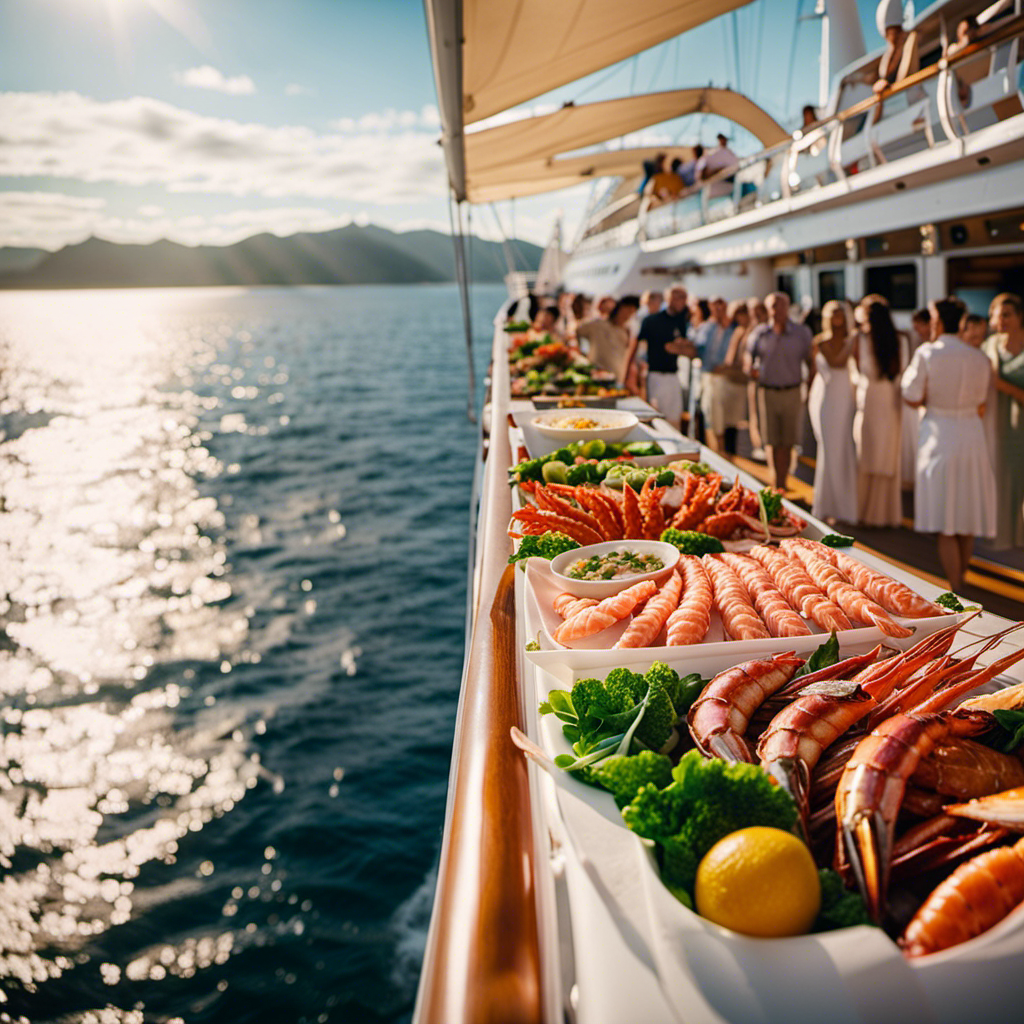 An image showcasing a sun-kissed deck of a Princess Cruise ship, adorned with vibrant seafood stalls, where couples exchange vows under billowing sails against a breathtaking ocean backdrop