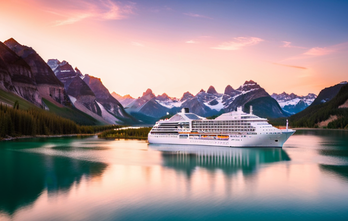 An image showcasing a luxurious cruise ship sailing through a crystal-clear river, surrounded by picturesque landscapes