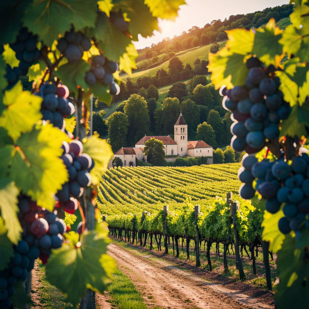 An image showcasing the sun-kissed vineyards of Burgundy and Bordeaux, with rows of lush grapevines extending to the horizon