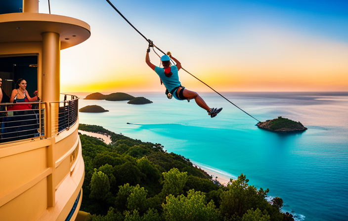 An image showcasing a thrill-seeker ziplining high above the vibrant turquoise waters of Royal Caribbean's Odyssey, with the ship majestically anchored in the background, promising boundless adventures