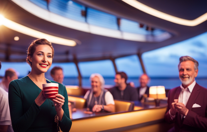 An image of a lively cruise ship deck with people laughing at a comedy show, others playing games, a vibrant nightlife scene with dancing, a fitness class in session, artists painting, and passengers enjoying delicious food
