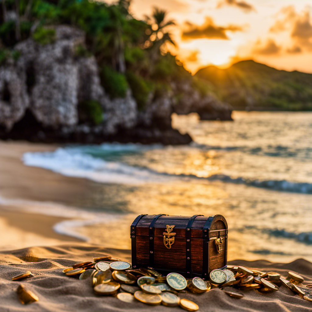 An image showcasing a vibrant Caribbean beach at sunset, with a silhouette of a pirate ship anchored offshore