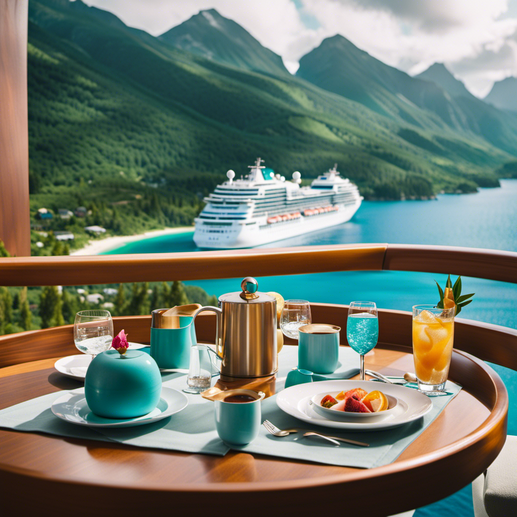An image showcasing the allure of Princess Cruises: A luxurious suite overlooking the sparkling turquoise waters of the Caribbean, with snow-capped Alaskan mountains in the distance