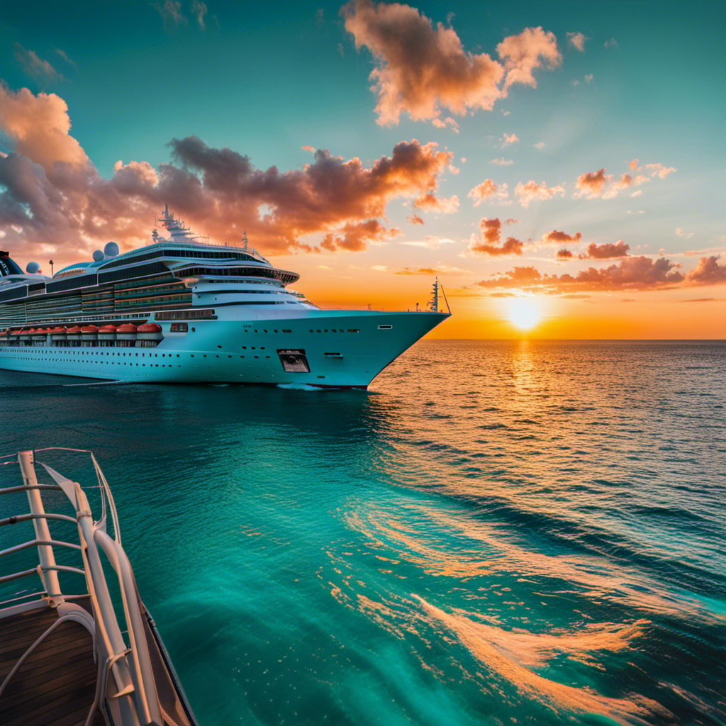 An image showcasing a vibrant sunset over crystal-clear turquoise waters, with a luxurious cruise ship sailing majestically towards the horizon