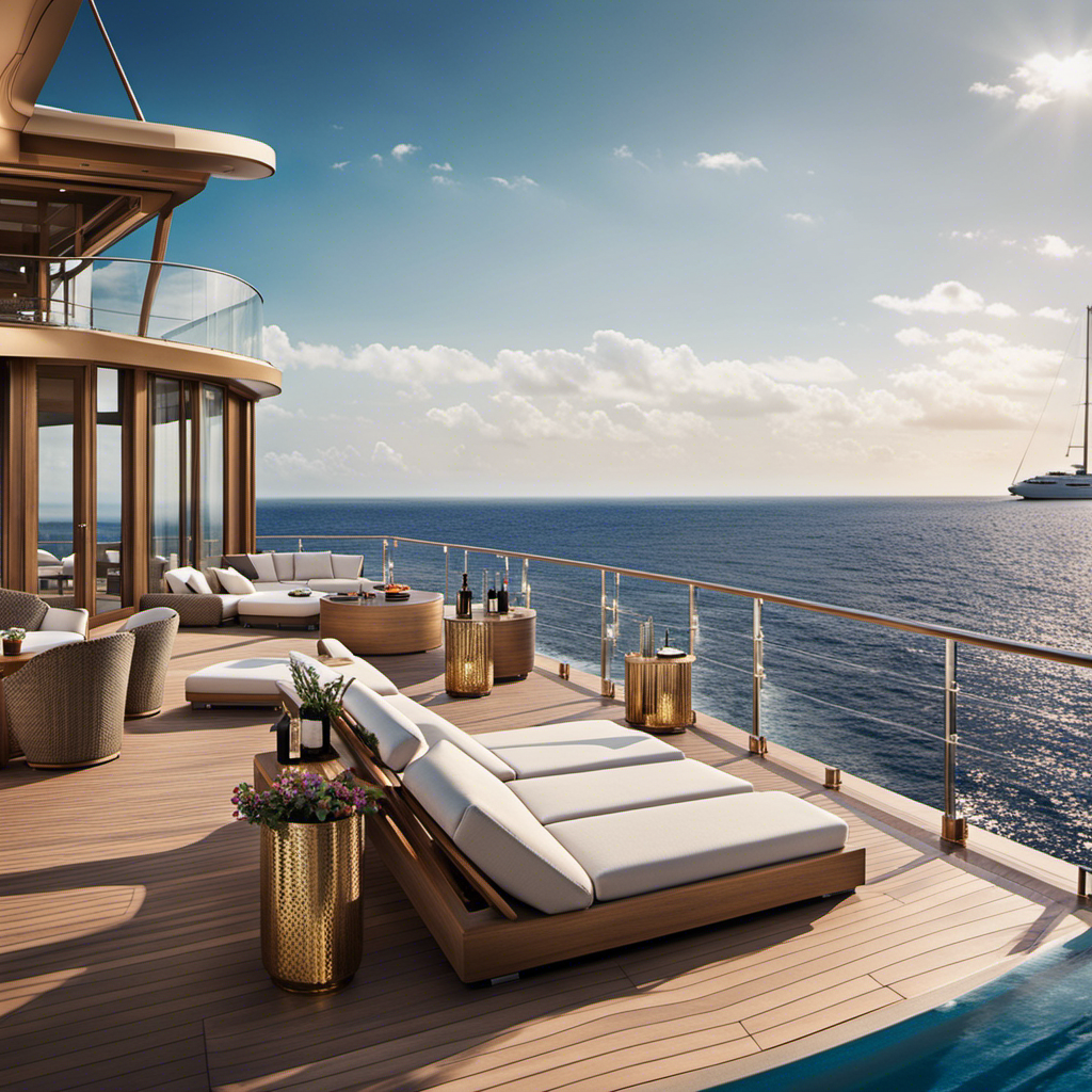An image capturing the opulence of the Ritz-Carlton Yacht Collection: A sun-kissed deck adorned with plush loungers, crystal-clear infinity pool reflecting the breathtaking ocean, and a chic bar serving handcrafted cocktails against a backdrop of azure skies