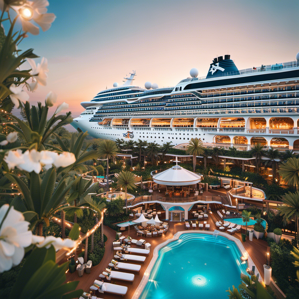 An image capturing the awe-inspiring scale of an Oasis-Class cruise ship, with its towering decks adorned with sparkling pools, lush gardens, and thrilling water slides, promising an unforgettable vacation at sea