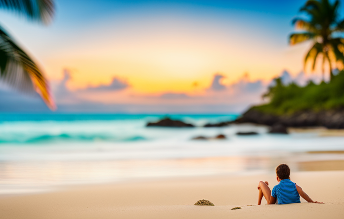 An image showcasing a serene beach scene, with a family building sandcastles near crystal-clear waters, while nearby, a hammock sways gently under a palm tree, inviting relaxation and quality time together